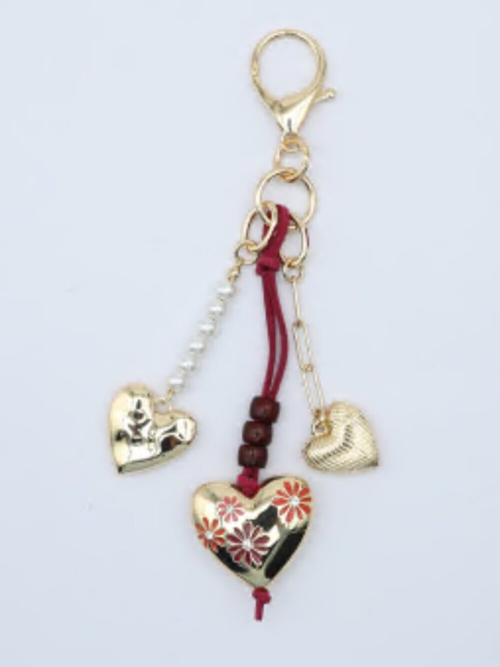 Free People Gold Floral Heart Bag Charm Pearl Cord Keychain Boho Chic